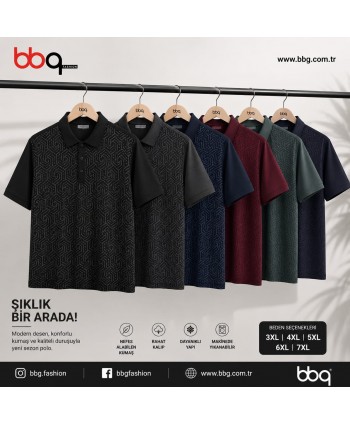 ERKEK BÜYÜK BEDEN GENİŞ KALIP POLO YAKA DESENLİ T-SHIRT-G