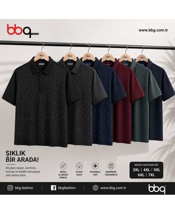 ERKEK BÜYÜK BEDEN GENİŞ KALIP POLO YAKA DESENLİ T-SHIRT-G